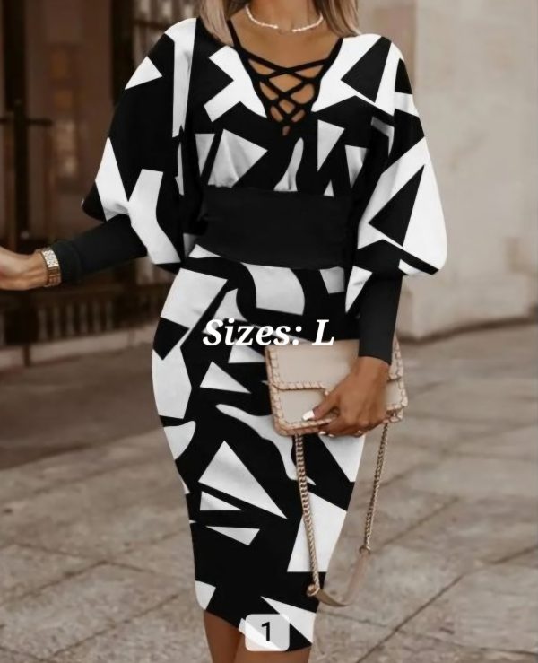 Black White Casual Print V Neck Long Sleeve Dresses